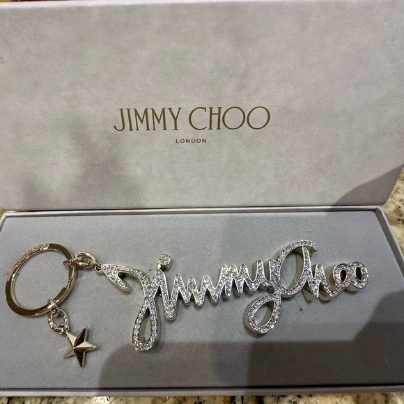 Jimmy Choo Silver Script Keychain with Star Charm - Picture 1 of 3